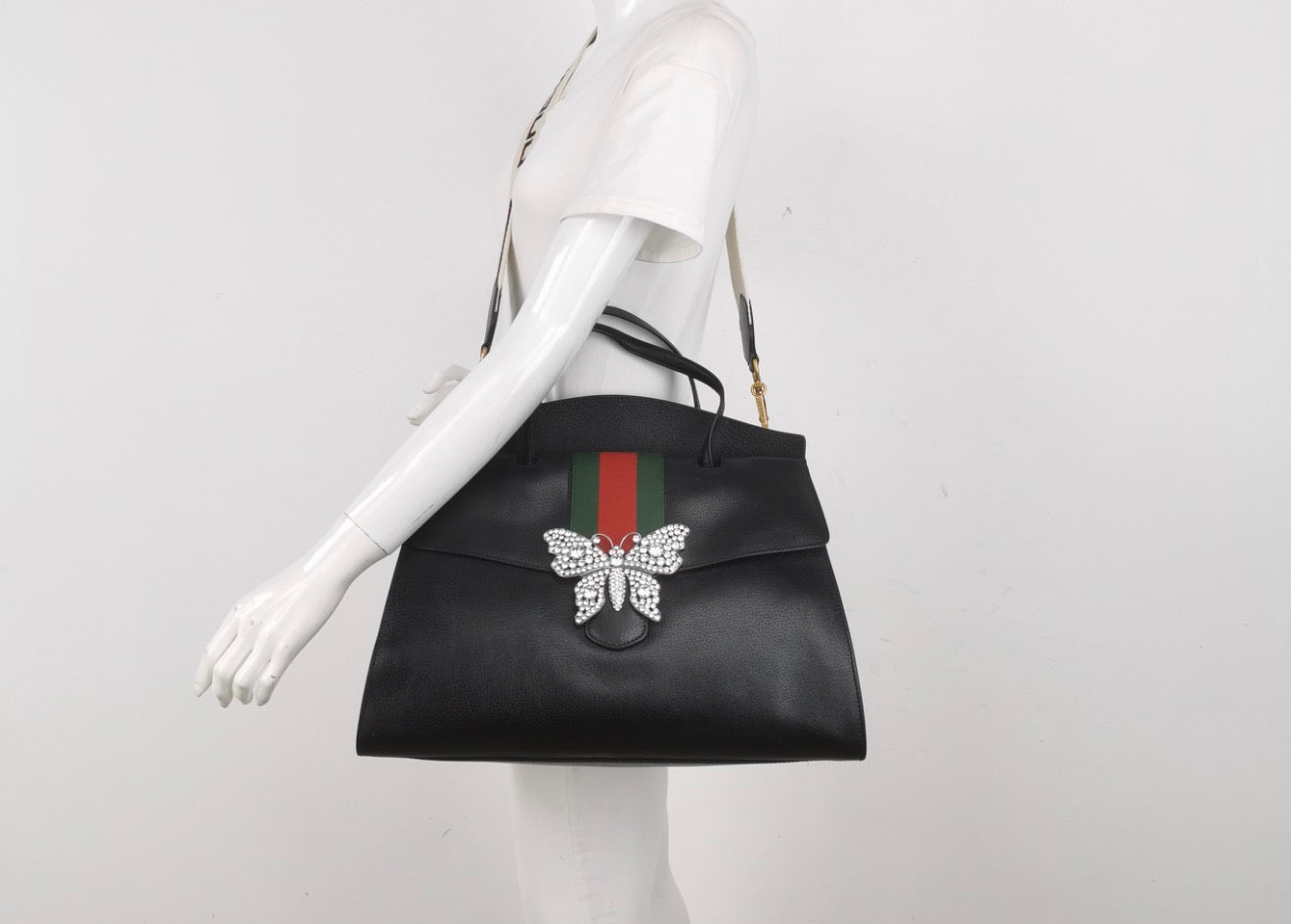 GUCCI Grained Calfskin Web Crystal Butterfly Totem Top Handle Bag